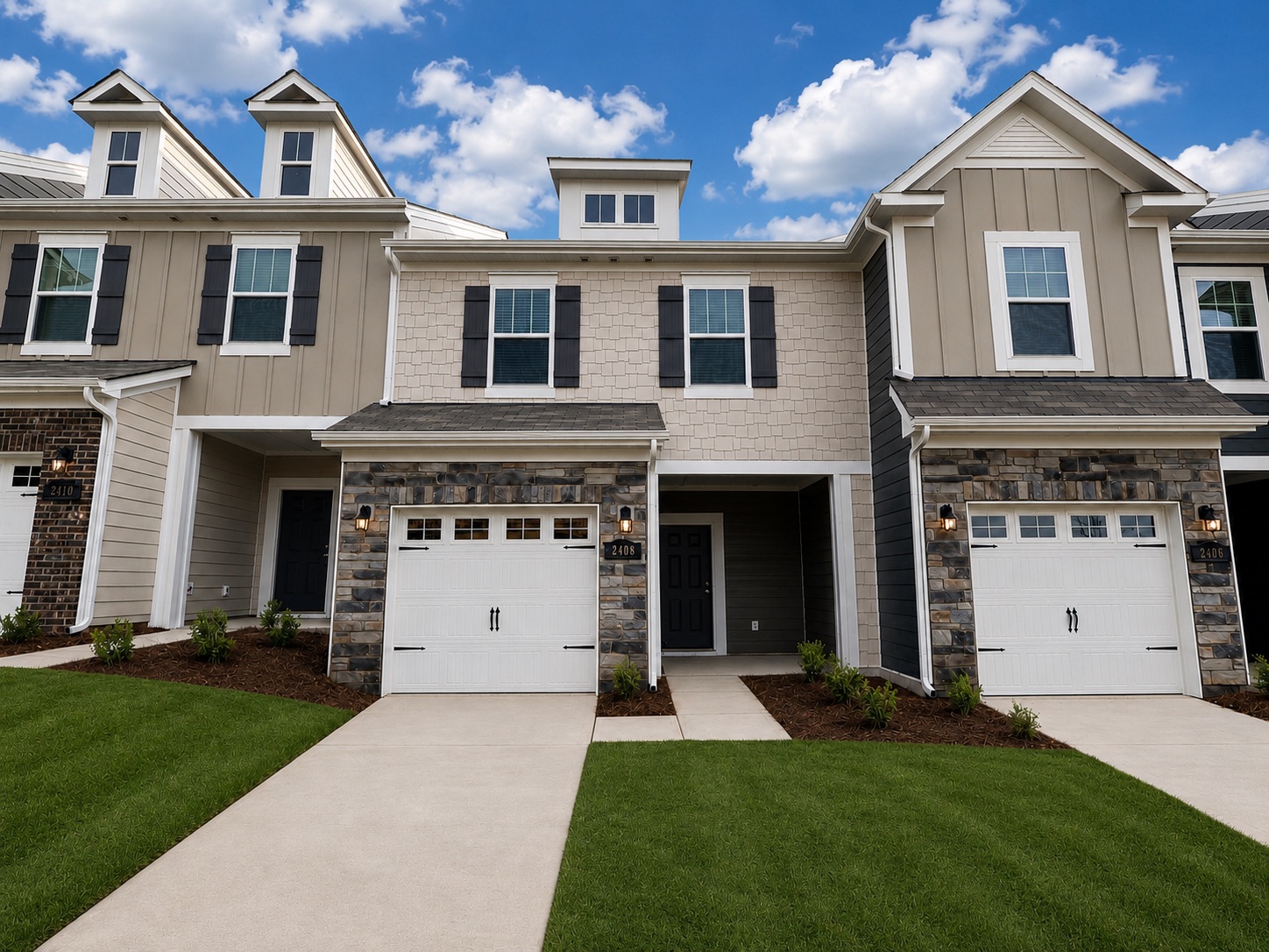 Ellery at Aberdeen townhome with stone accent and attached garage