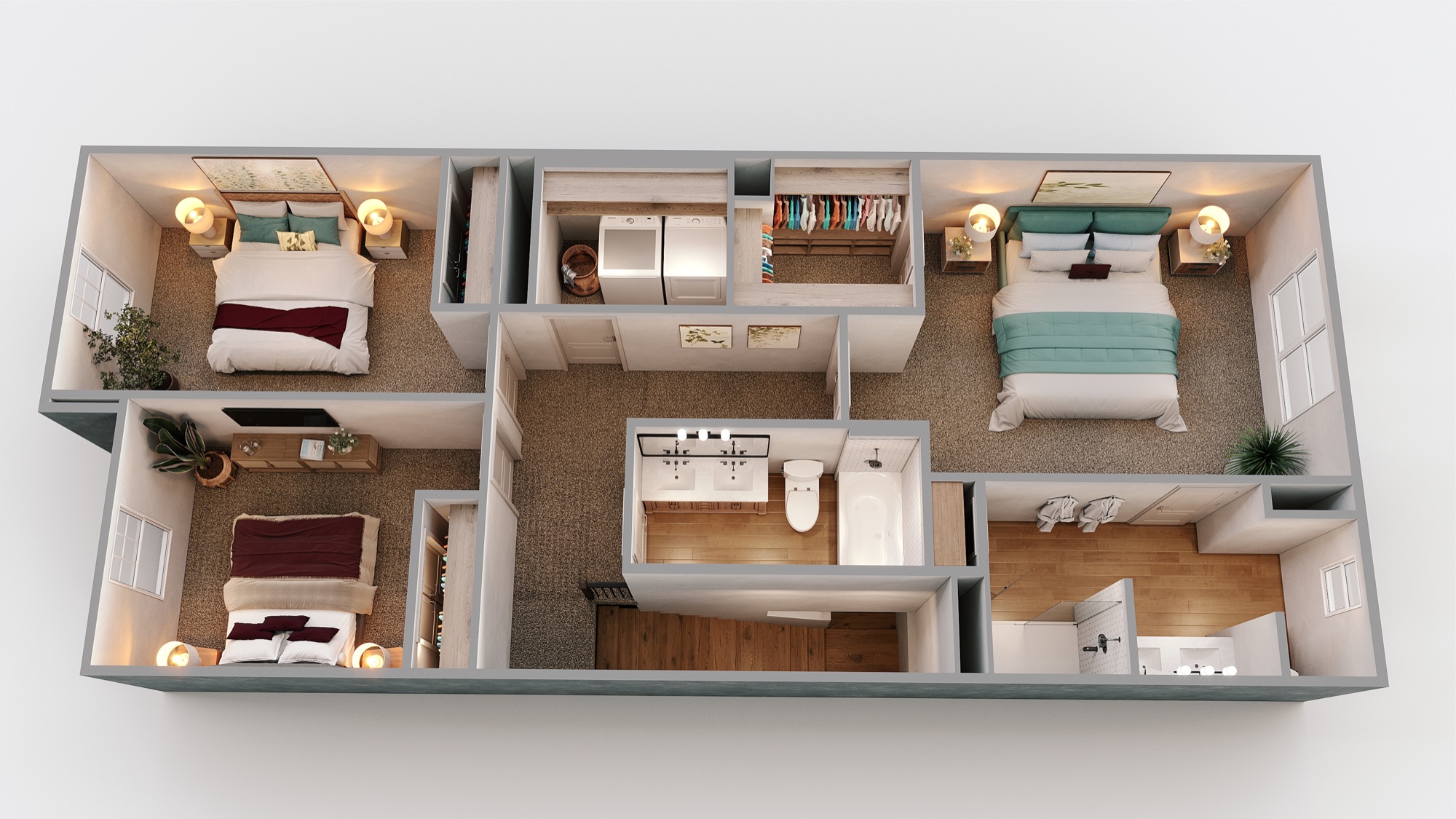 Manchester second-floor plan with primary suite, two bedrooms, and in-home laundry