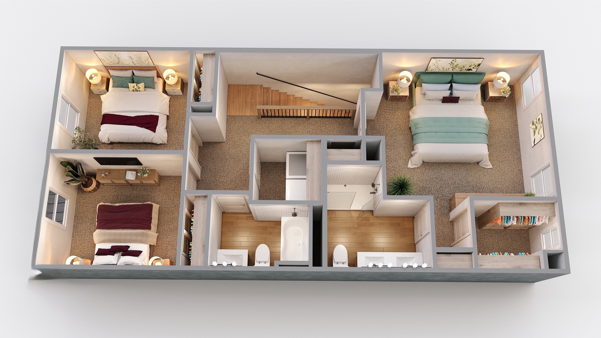 Wylie second-floor plan with primary suite, two bedrooms, and in-home laundry